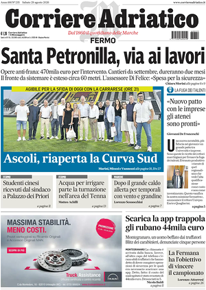 Prima pagina Corriere Adriatico (Fermo) di oggi - Quotidiano regionale