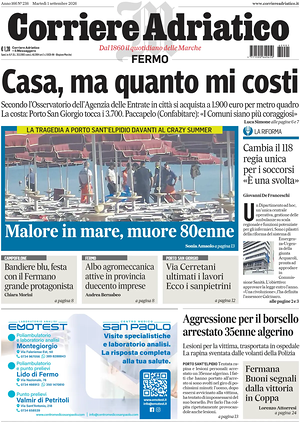 Prima pagina Corriere Adriatico (Fermo) di oggi - Quotidiano regionale