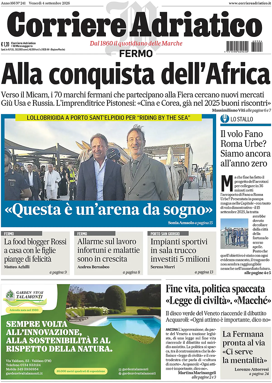 Prima pagina Corriere Adriatico (Fermo) di oggi - Edicola 4 Settembre 2026
