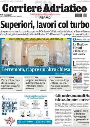 Prima pagina Corriere Adriatico (Fermo) di oggi - Quotidiano regionale