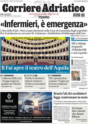 Prima pagina Corriere Adriatico (Fermo) di oggi - Quotidiano regionale