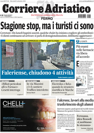 Prima pagina Corriere Adriatico (Fermo) di oggi - Quotidiano regionale