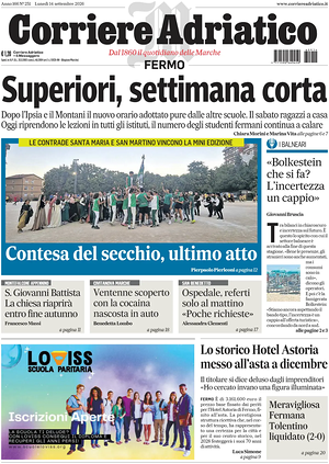 Prima pagina Corriere Adriatico (Fermo) di oggi - Quotidiano regionale