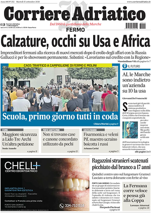 Prima pagina Corriere Adriatico (Fermo) di oggi - Quotidiano regionale