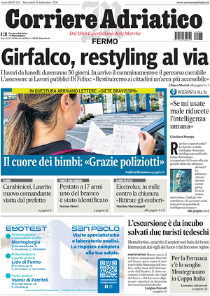 Prima pagina Corriere Adriatico (Fermo) di oggi - Quotidiano regionale