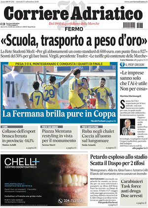Prima pagina Corriere Adriatico (Fermo) di oggi - Quotidiano regionale