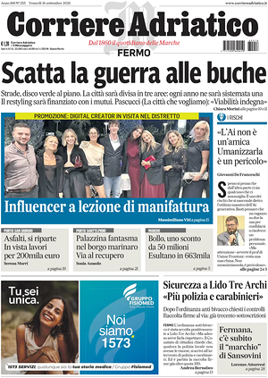 Prima pagina Corriere Adriatico (Fermo) di oggi - Quotidiano regionale