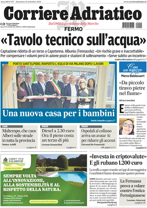 Prima pagina Corriere Adriatico (Fermo) di oggi - Quotidiano regionale