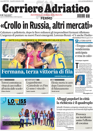Prima pagina Corriere Adriatico (Fermo) di oggi - Quotidiano regionale