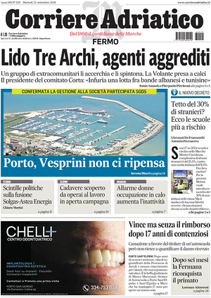 Prima pagina Corriere Adriatico (Fermo) di oggi - Quotidiano regionale