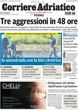 Prima pagina Corriere Adriatico (Fermo) di oggi - Quotidiano regionale