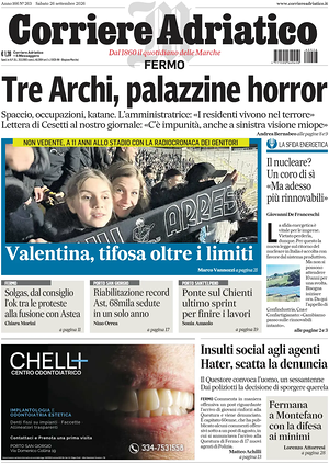 Prima pagina Corriere Adriatico (Fermo) di oggi - Quotidiano regionale