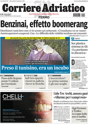 Prima pagina Corriere Adriatico (Fermo) di oggi - Quotidiano regionale