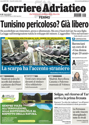 Prima pagina Corriere Adriatico (Fermo) di oggi - Quotidiano regionale