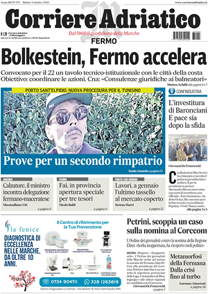 Prima pagina Corriere Adriatico (Fermo) di oggi - Quotidiano regionale