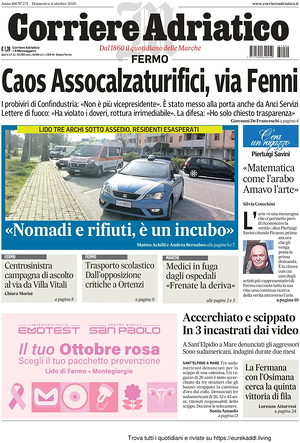 Prima pagina Corriere Adriatico (Fermo) di oggi - Quotidiano regionale