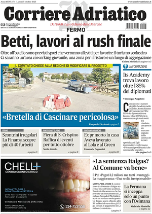 Prima pagina Corriere Adriatico (Fermo) di oggi - Quotidiano regionale