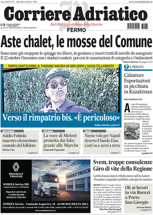 Prima pagina Corriere Adriatico (Fermo) di oggi - Quotidiano regionale