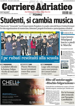 Prima pagina Corriere Adriatico (Fermo) di oggi - Quotidiano regionale