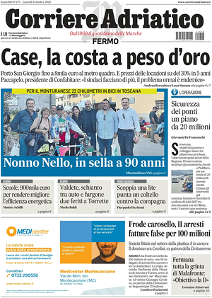 Prima pagina Corriere Adriatico (Fermo) di oggi - Quotidiano regionale