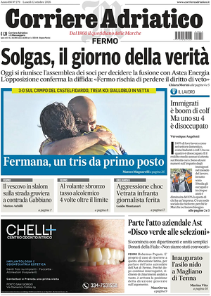 Prima pagina Corriere Adriatico (Fermo) di oggi - Quotidiano regionale