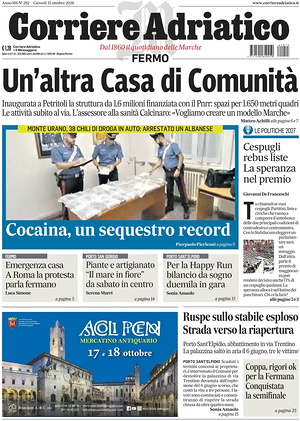 Prima pagina Corriere Adriatico (Fermo) di oggi - Quotidiano regionale
