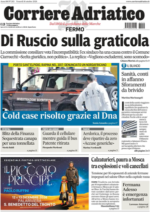 Prima pagina Corriere Adriatico (Fermo) di oggi - Quotidiano regionale