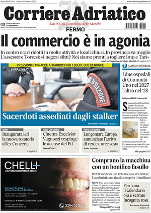 Prima pagina Corriere Adriatico (Fermo) di oggi - Quotidiano regionale