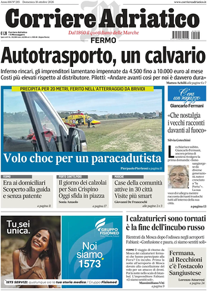 Prima pagina Corriere Adriatico (Fermo) di oggi - Quotidiano regionale