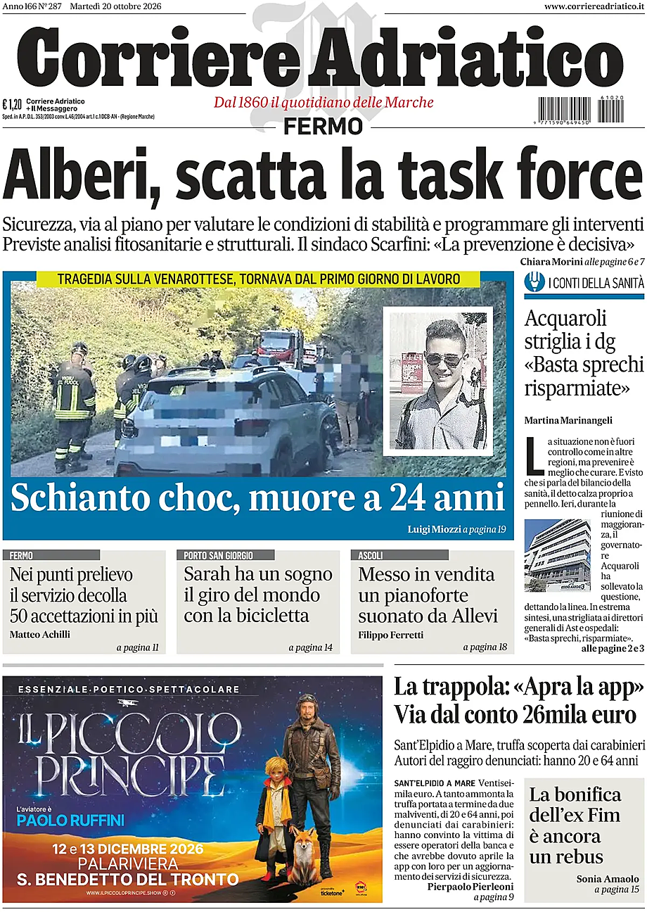 Prima pagina Corriere Adriatico (Fermo) di oggi - Edicola 20 Ottobre 2026