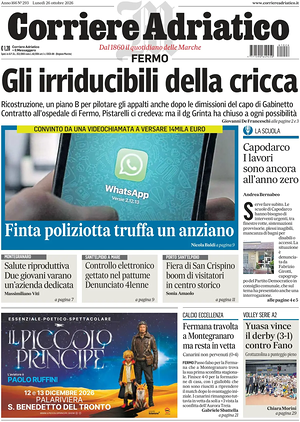 Prima pagina Corriere Adriatico (Fermo) di oggi - Quotidiano regionale