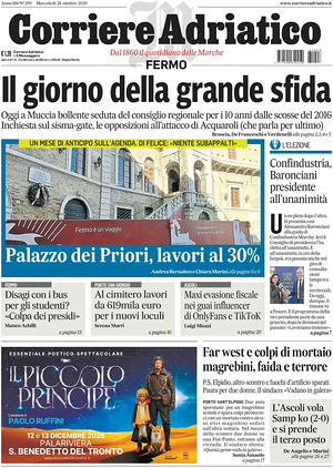 Prima pagina Corriere Adriatico (Fermo) di oggi - Quotidiano regionale
