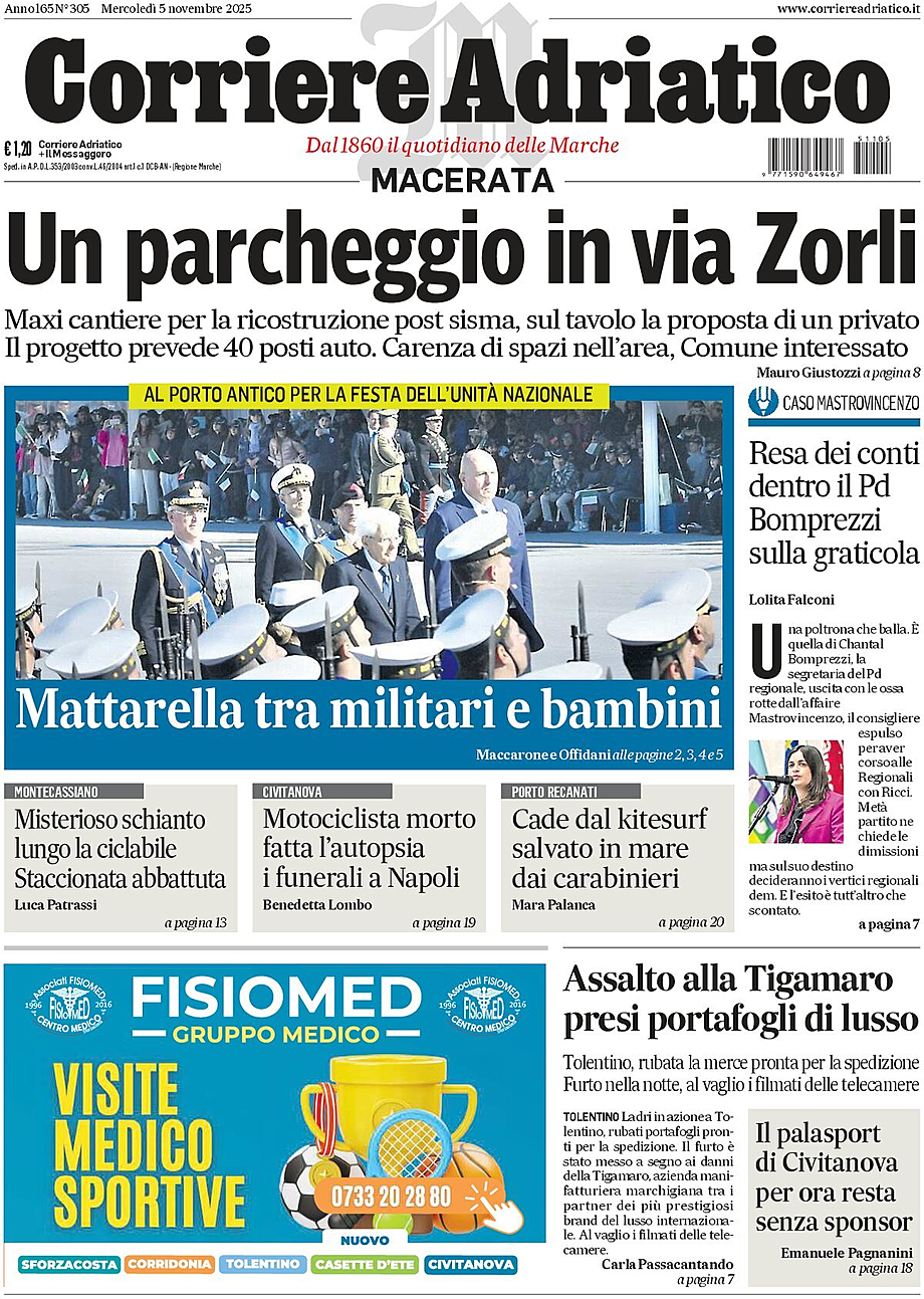 Prima pagina Corriere Adriatico (Macerata) di oggi - Edicola 5 Novembre 2025