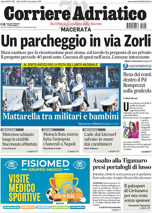 Prima pagina Corriere Adriatico (Macerata) di oggi - Quotidiano regionale