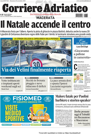 Prima pagina Corriere Adriatico (Macerata) di oggi - Quotidiano regionale