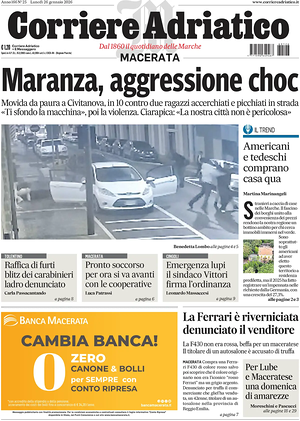 Prima pagina Corriere Adriatico (Macerata) di oggi - Quotidiano regionale