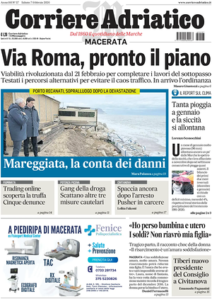 Prima pagina Corriere Adriatico (Macerata) di oggi - Quotidiano regionale