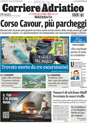 Prima pagina Corriere Adriatico (Macerata) di oggi - Quotidiano regionale