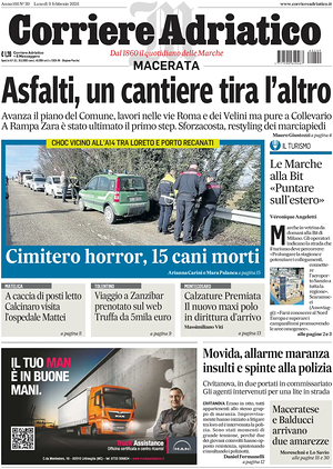 Prima pagina Corriere Adriatico (Macerata) di oggi - Quotidiano regionale