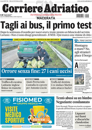 Prima pagina Corriere Adriatico (Macerata) di oggi - Quotidiano regionale