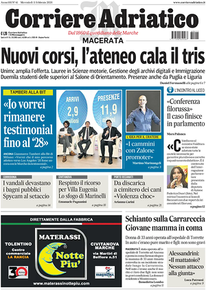 Prima pagina Corriere Adriatico (Macerata) di oggi - Quotidiano regionale