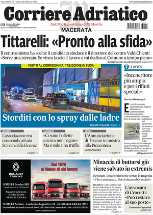 Prima pagina Corriere Adriatico (Macerata) di oggi - Quotidiano regionale