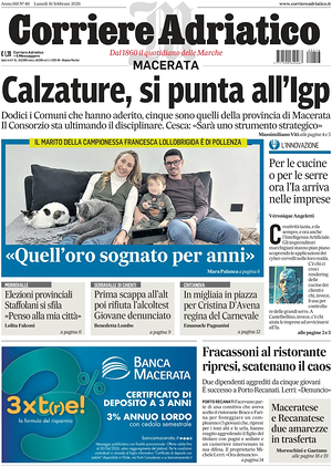 Prima pagina Corriere Adriatico (Macerata) di oggi - Quotidiano regionale