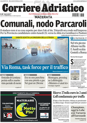 Prima pagina Corriere Adriatico (Macerata) di oggi - Quotidiano regionale