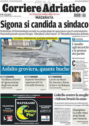 Prima pagina Corriere Adriatico (Macerata) di oggi - Quotidiano regionale