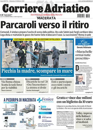 Prima pagina Corriere Adriatico (Macerata) di oggi - Quotidiano regionale