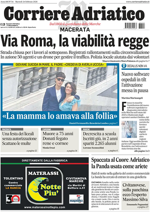 Prima pagina Corriere Adriatico (Macerata) di oggi - Quotidiano regionale