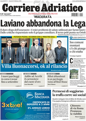 Prima pagina Corriere Adriatico (Macerata) di oggi - Quotidiano regionale