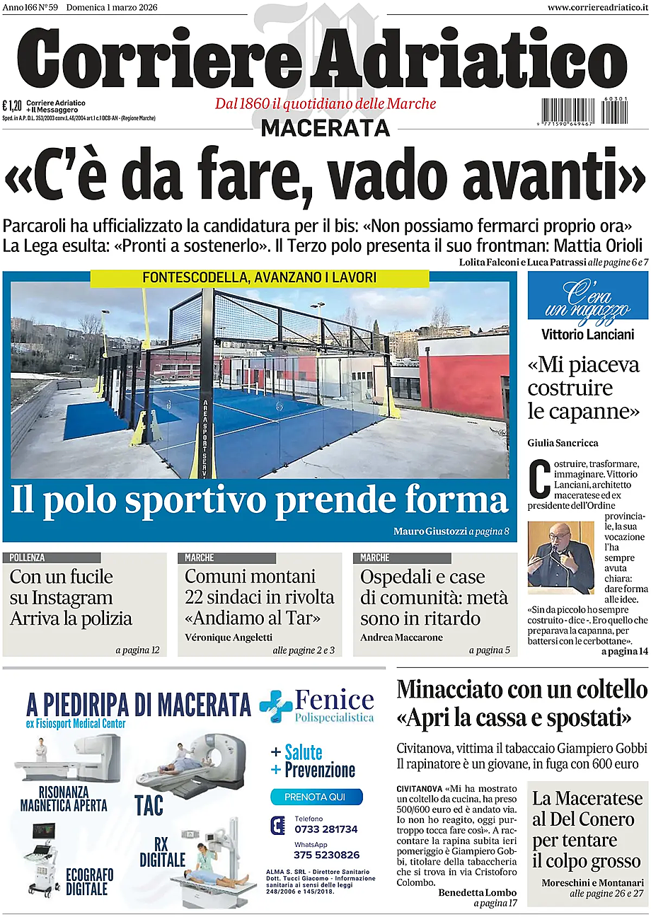 Prima pagina Corriere Adriatico (Macerata) di oggi - Edicola 1 Marzo 2026