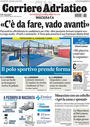 Prima pagina Corriere Adriatico (Macerata) di oggi - Quotidiano regionale
